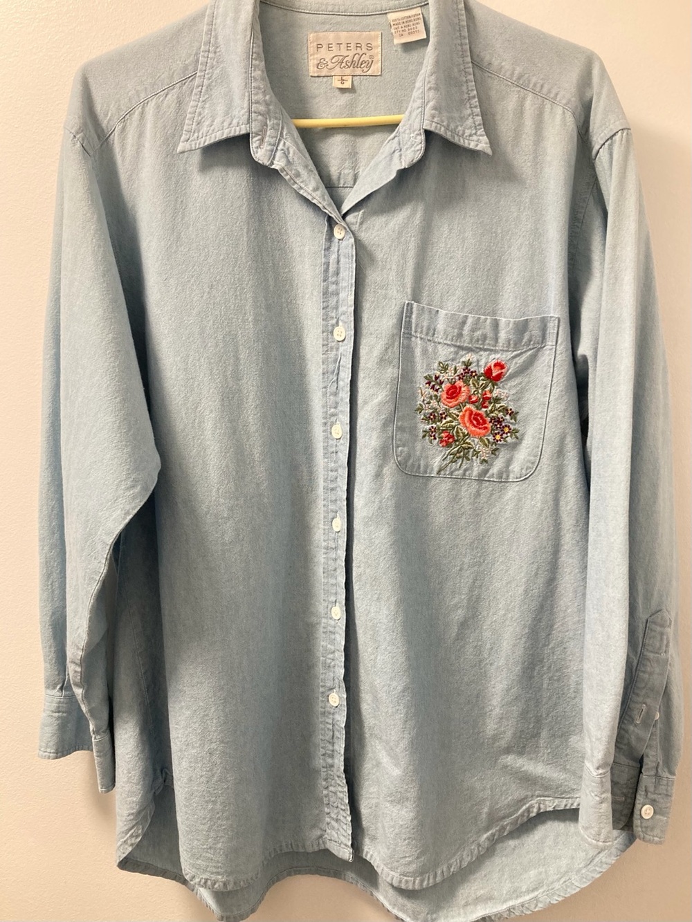 Vintage Peters & Ashley Embroidered Denim Shirt Light Wash Large Cottagecore